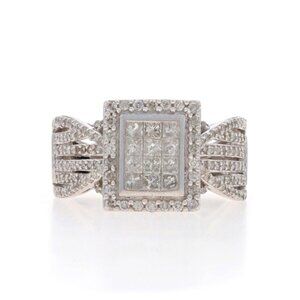 White Gold Diamond Cluster Halo Ring - 10k Princess & Single 1.00ctw